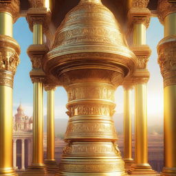 A high-quality digital art image showcasing a colossal golden bell tower, gleaming under the bright sunlight