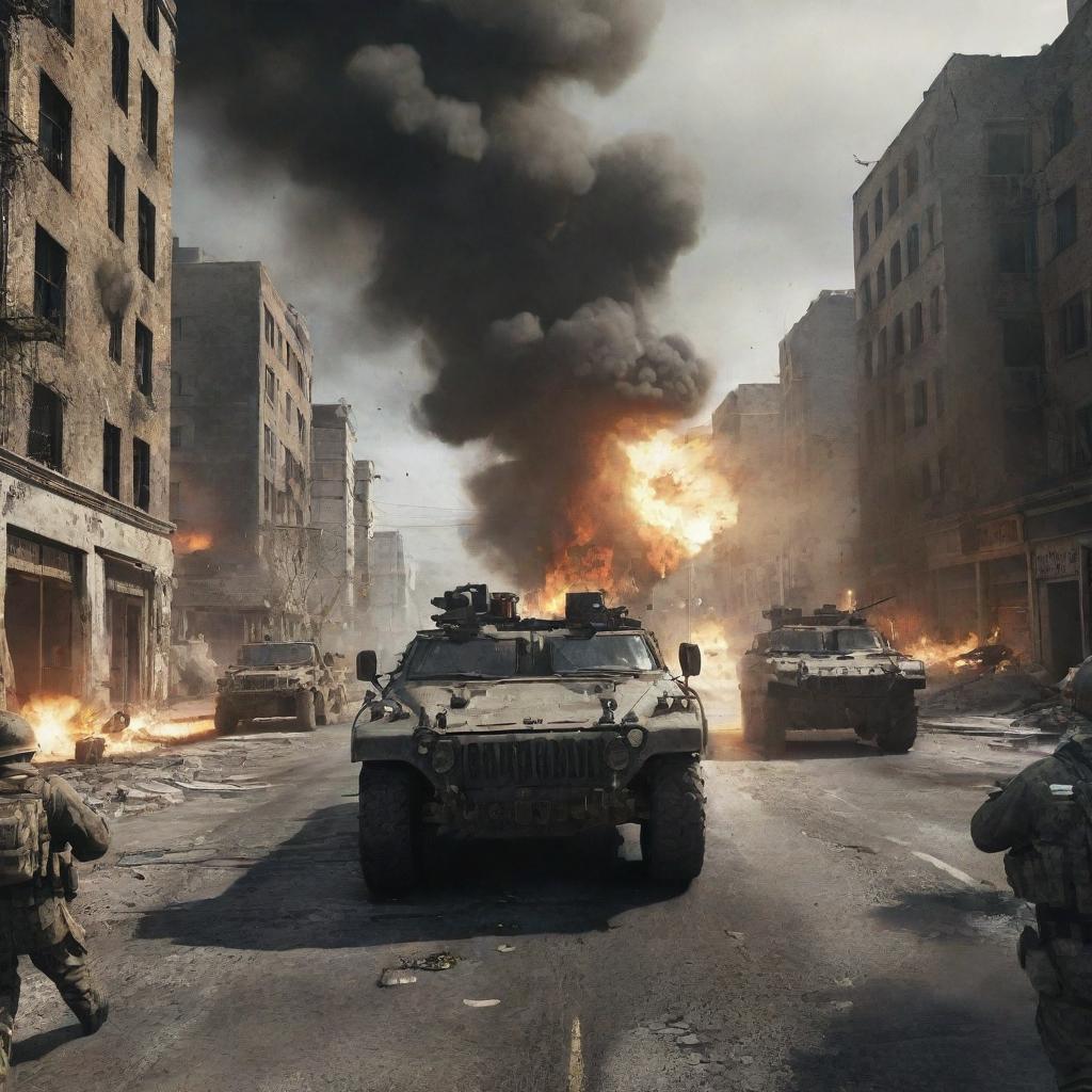 A realistic scene from the Call of Duty video game featuring intense battlefield action with soldiers, explosions, and military vehicles in a war-torn urban environment.