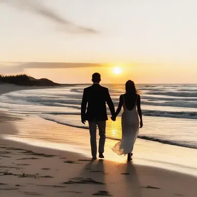 As the sun set, a soft glow enveloped the couple as they strolled hand in hand along the beach.