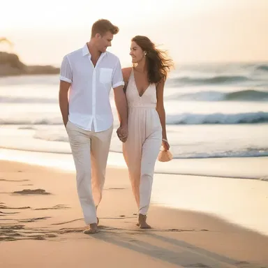 As the sun set, a soft glow enveloped the couple as they strolled hand in hand along the beach.