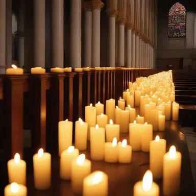 The candles in the church cast a warm glow over the congregants, creating an atmosphere of peace and serenity.