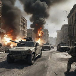 A realistic scene from the Call of Duty video game featuring intense battlefield action with soldiers, explosions, and military vehicles in a war-torn urban environment.