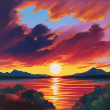 The artist used bold colors to create an intense glow in the sunset painting.