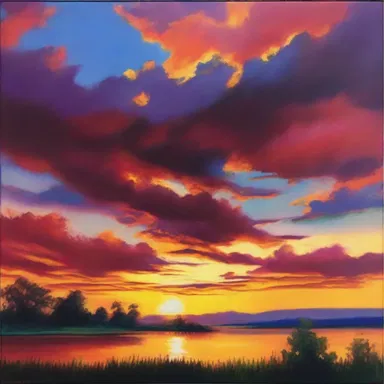 The artist used bold colors to create an intense glow in the sunset painting.