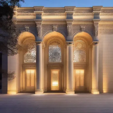 The architect used a soft glow to highlight the intricate details of the building.