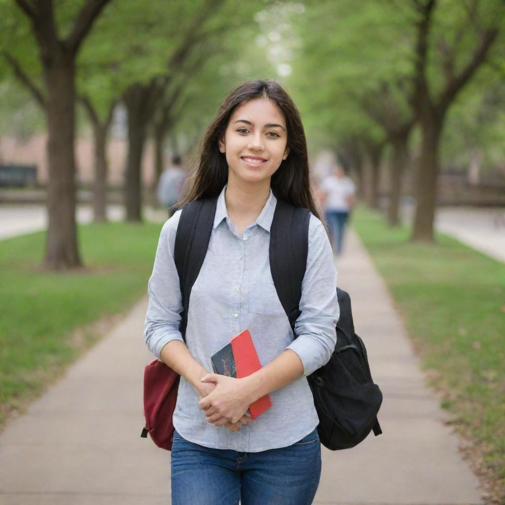 A 21 year old female university student, walking on a bustling campus with a backpack full of books. She has a youthful and determined spirit.