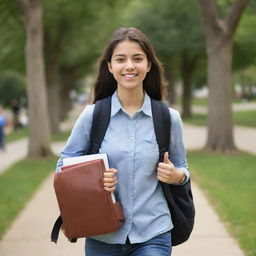 A 21 year old female university student, walking on a bustling campus with a backpack full of books. She has a youthful and determined spirit.