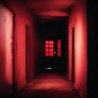 The haunted house was filled with eerie red glow, casting sinister shadows on the walls.