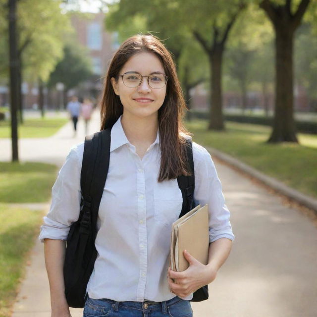 A 21 year old female university student, walking on a bustling campus with a backpack full of books. She has a youthful and determined spirit.