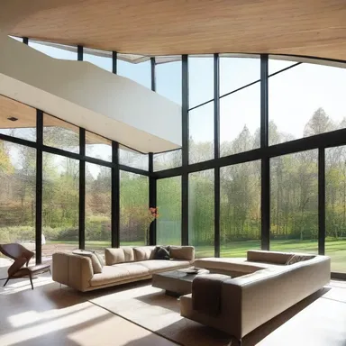 The modern house features large windows that allow sunlight to glow and fill the entire living room.