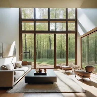 The modern house features large windows that allow sunlight to glow and fill the entire living room.