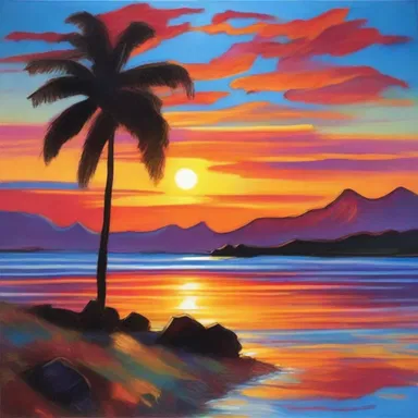 The artist used vibrant colors to make the sunset glow in the painting.