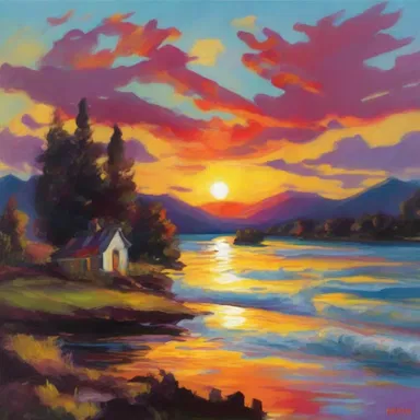The artist used vibrant colors to make the sunset glow in the painting.