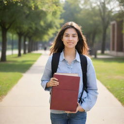 A 21 year old female university student, walking on a bustling campus with a backpack full of books. She has a youthful and determined spirit.