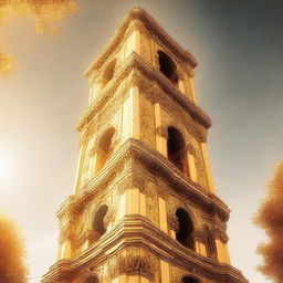 An enhanced digital art image where the colossal bell tower is now bathed in a more intense golden hue