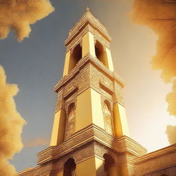 An enhanced digital art image where the colossal bell tower is now bathed in a more intense golden hue