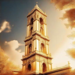 An enhanced digital art image where the colossal bell tower is now bathed in a more intense golden hue