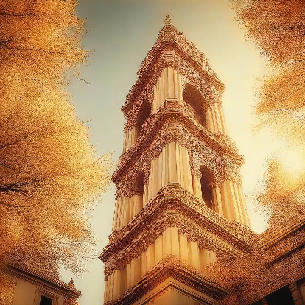 An enhanced digital art image where the colossal bell tower is now bathed in a more intense golden hue