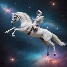 An extraordinary spectacle of a shimmering, magical unicorn gallantly riding an astronaut, floating across the boundless cosmos, with nebulas and stars twinkling around.