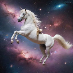 An extraordinary spectacle of a shimmering, magical unicorn gallantly riding an astronaut, floating across the boundless cosmos, with nebulas and stars twinkling around.