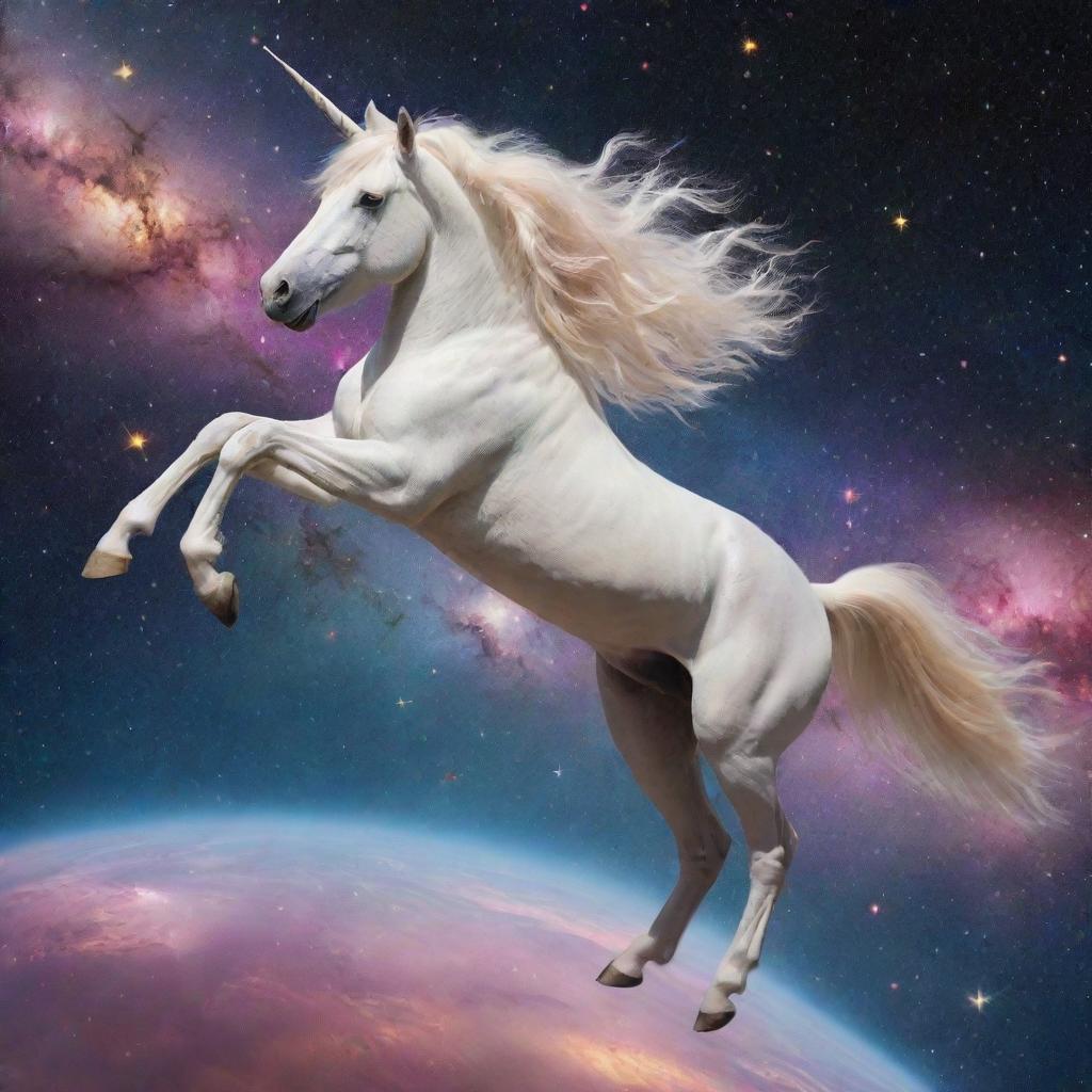 An extraordinary spectacle of a shimmering, magical unicorn gallantly riding an astronaut, floating across the boundless cosmos, with nebulas and stars twinkling around.