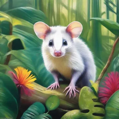 The artist created a stunning painting of an opossum rat amidst a vibrant jungle setting.