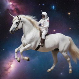 An extraordinary spectacle of a shimmering, magical unicorn gallantly riding an astronaut, floating across the boundless cosmos, with nebulas and stars twinkling around.