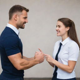 A charming woman in a school uniform engaged in conversation with a muscular man