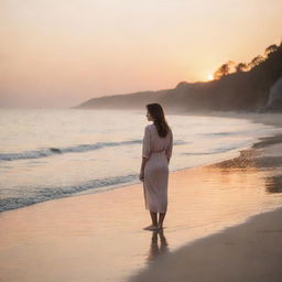 A thoughtful woman standing serenely on a picturesque beach at dusk, the setting sun reflecting off the tranquil waters, enveloping the scene in soft, warm hues.