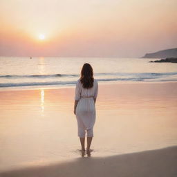 A thoughtful woman standing serenely on a picturesque beach at dusk, the setting sun reflecting off the tranquil waters, enveloping the scene in soft, warm hues.