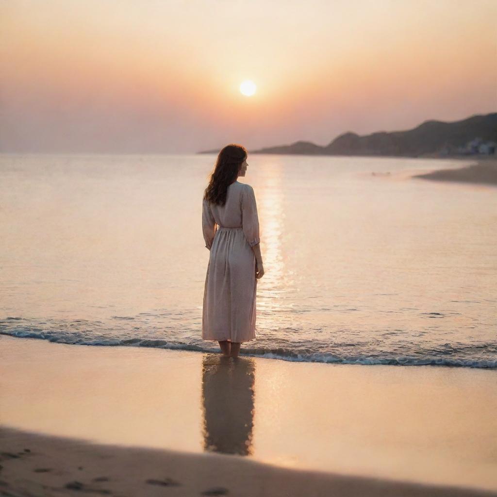 A thoughtful woman standing serenely on a picturesque beach at dusk, the setting sun reflecting off the tranquil waters, enveloping the scene in soft, warm hues.