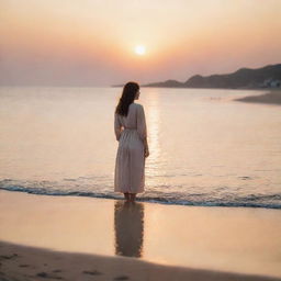 A thoughtful woman standing serenely on a picturesque beach at dusk, the setting sun reflecting off the tranquil waters, enveloping the scene in soft, warm hues.