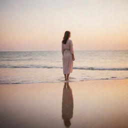 A thoughtful woman standing serenely on a picturesque beach at dusk, the setting sun reflecting off the tranquil waters, enveloping the scene in soft, warm hues.