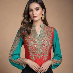 A beautifully crafted blouse with intricate details, made from fine, luxurious fabric. The colors are vibrant and the design is elegant, reflecting the latest fashion trends.