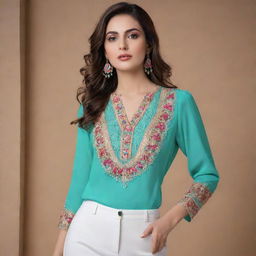 A beautifully crafted blouse with intricate details, made from fine, luxurious fabric. The colors are vibrant and the design is elegant, reflecting the latest fashion trends.