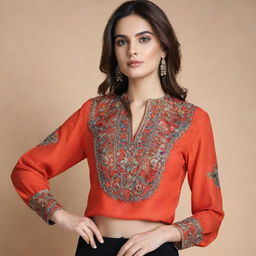 A beautifully crafted blouse with intricate details, made from fine, luxurious fabric. The colors are vibrant and the design is elegant, reflecting the latest fashion trends.