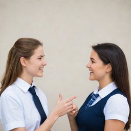 A charming woman in a school uniform engaging in a lively conversation with a muscular man