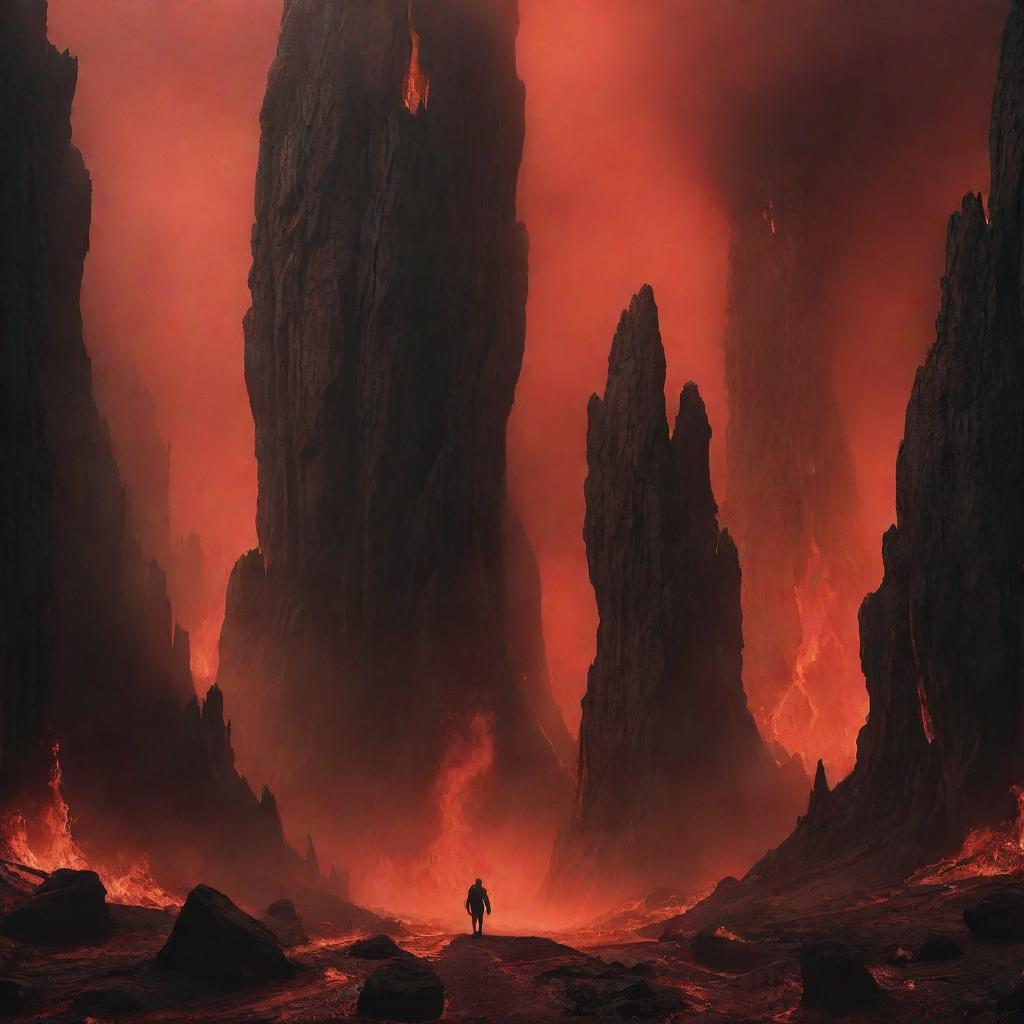 A surreal representation of a mythical underworld characterized by blazing fires, tormented souls and towering, intimidating rock formations, all shrouded in an ominous red and black haze.