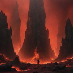 A surreal representation of a mythical underworld characterized by blazing fires, tormented souls and towering, intimidating rock formations, all shrouded in an ominous red and black haze.