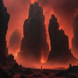 A surreal representation of a mythical underworld characterized by blazing fires, tormented souls and towering, intimidating rock formations, all shrouded in an ominous red and black haze.