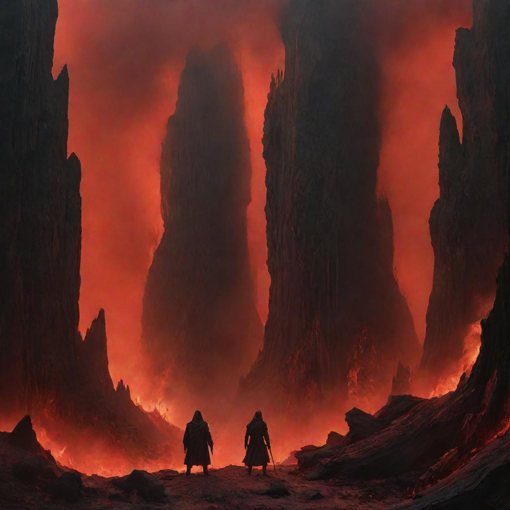 A surreal representation of a mythical underworld characterized by blazing fires, tormented souls and towering, intimidating rock formations, all shrouded in an ominous red and black haze.