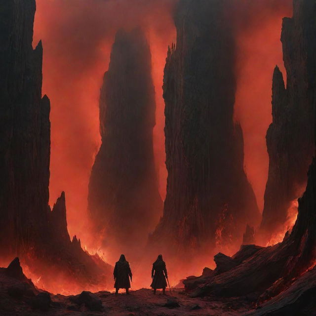 A surreal representation of a mythical underworld characterized by blazing fires, tormented souls and towering, intimidating rock formations, all shrouded in an ominous red and black haze.