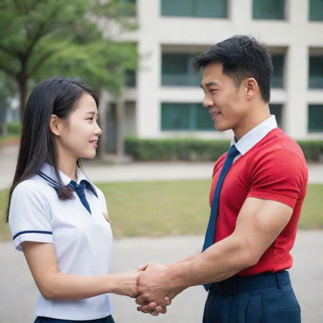 A charming Chinese girl dressed in a school uniform, engaged in conversation with a muscular man