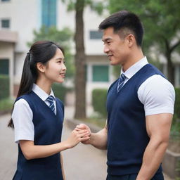 A charming Chinese girl dressed in a school uniform, engaged in conversation with a muscular man