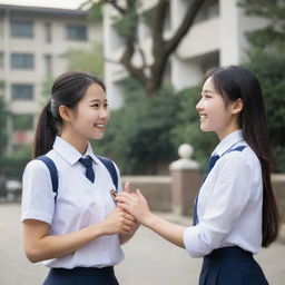 A charming Chinese girl dressed in a school uniform, engaged in conversation with a muscular man