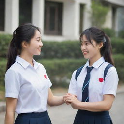 A charming Chinese girl dressed in a school uniform, engaged in conversation with a muscular man