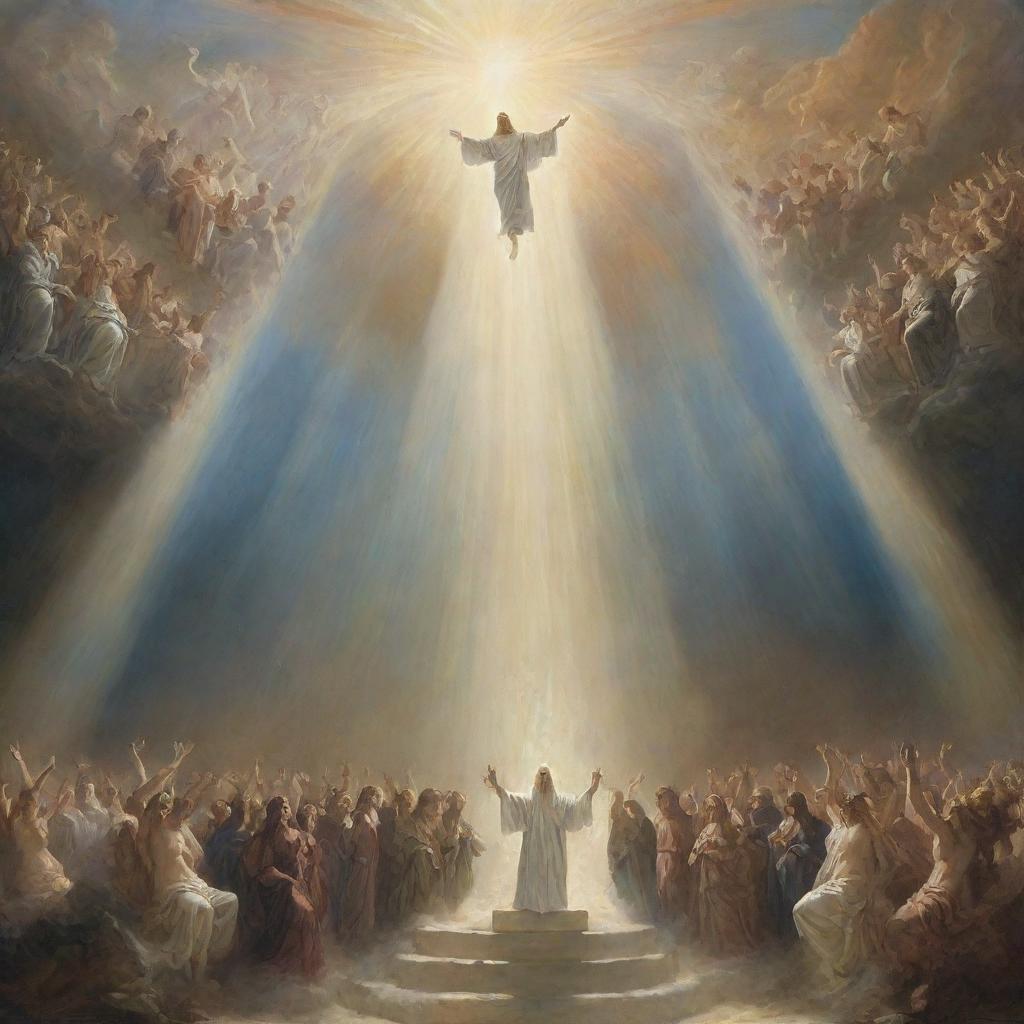 A dramatic, awe-inspiring image depicting the mythical representation of judgement day. The sky splits open, and divine light shines down on Earth, as ethereal beings are coming lower towards expectant mortals.