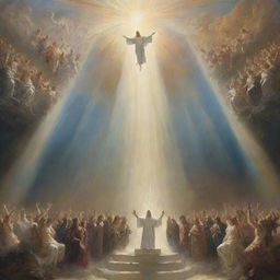 A dramatic, awe-inspiring image depicting the mythical representation of judgement day. The sky splits open, and divine light shines down on Earth, as ethereal beings are coming lower towards expectant mortals.