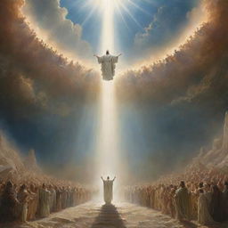 A dramatic, awe-inspiring image depicting the mythical representation of judgement day. The sky splits open, and divine light shines down on Earth, as ethereal beings are coming lower towards expectant mortals.