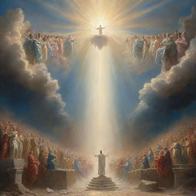 A dramatic, awe-inspiring image depicting the mythical representation of judgement day. The sky splits open, and divine light shines down on Earth, as ethereal beings are coming lower towards expectant mortals.